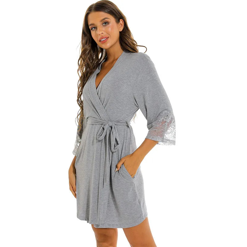 Peignoir de bain court femme-coton-élasthanne-coton-peigne-manche-trois-quarts--col-V-léger-mi-genou-moelleux-confortable-doux-absorbant-poche-latérale-été-gris