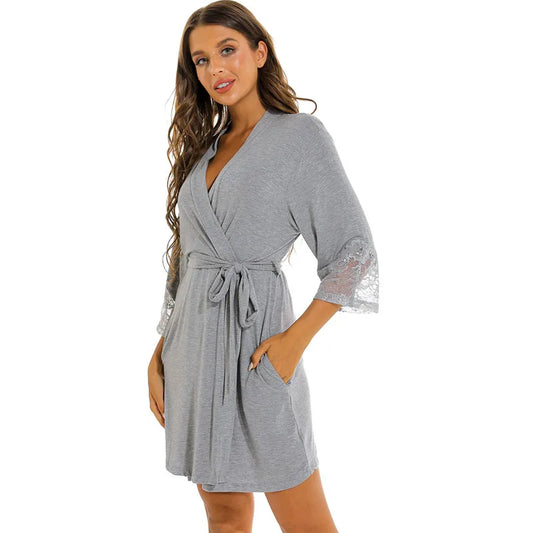 Peignoir de bain court femme-coton-élasthanne-coton-peigne-manche-trois-quarts--col-V-léger-mi-genou-moelleux-confortable-doux-absorbant-poche-latérale-été-gris