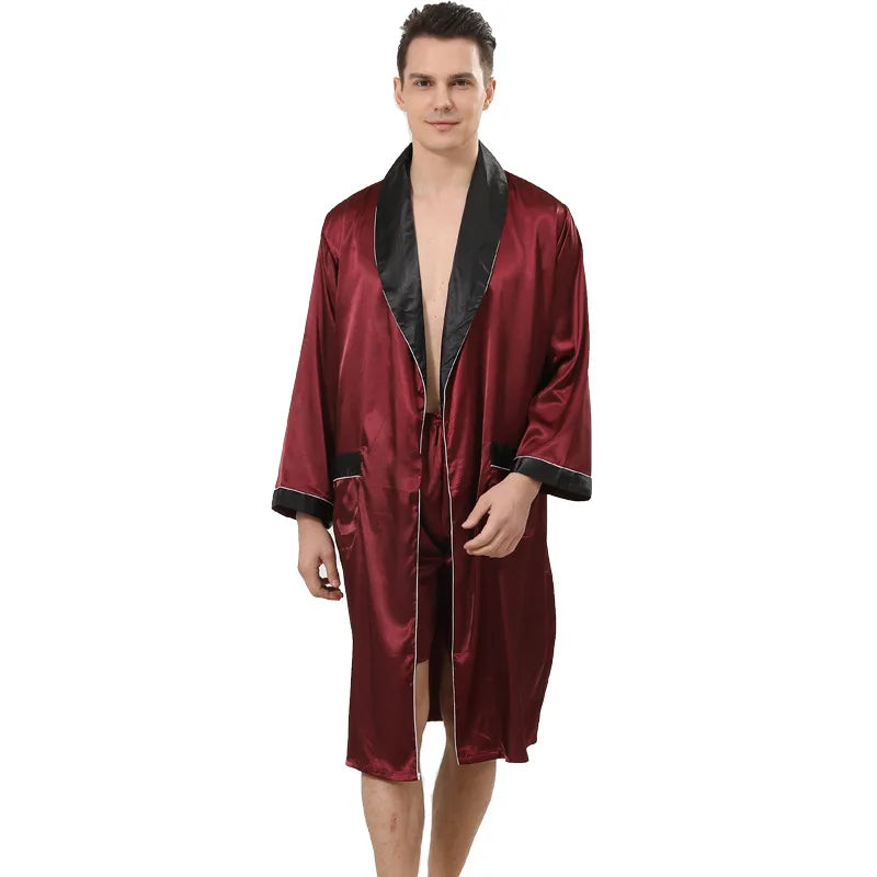 Peignoir de bain court homme original-satin-de-soie-polyester-col-V-manche-longue-mi-mollet-avec-culotte-absorbant-doux-confortable-moelleux-printemps-été-automne-bordeaux-noir