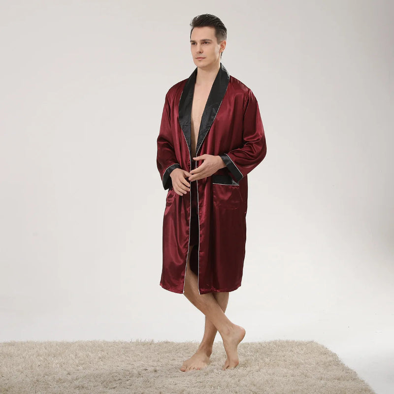 Peignoir de bain court homme original-satin-de-soie-polyester-col-V-manche-longue-mi-mollet-avec-culotte-absorbant-doux-confortable-moelleux-printemps-été-automne-bordeaux-noir