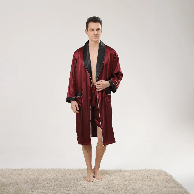 Peignoir de bain court homme original-satin-de-soie-polyester-col-V-manche-longue-mi-mollet-avec-culotte-absorbant-doux-confortable-moelleux-printemps-été-automne-noir-bordeaux