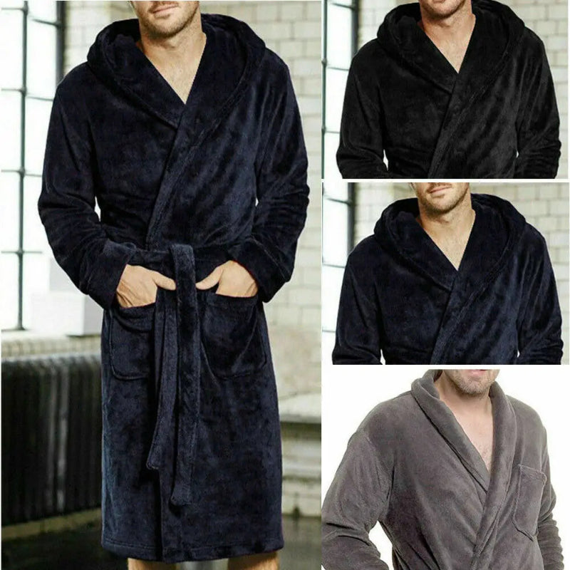 Peignoir de bain de marque pour homme-coton-polyester-flanelle-capuche-manche-longue-épais-mi-mollet-absorbant-confortable-moelleux-doux-printemps-automne-hiver