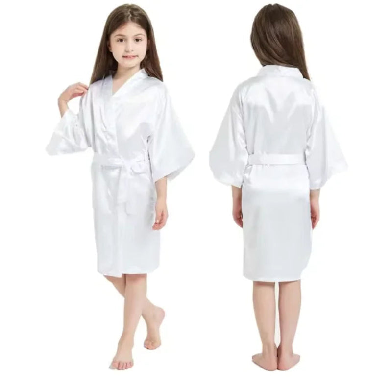 Peignoir de bain de qualité fille-polyester-popeline-manche-longue-léger-mi-genou-absorbant-doux-confortable-col-V-motif-été-uni-blanc