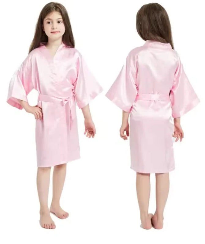 Peignoir de bain de qualité fille-polyester-popeline-manche-longue-léger-mi-genou-absorbant-doux-confortable-col-V-motif-été-uni-rose