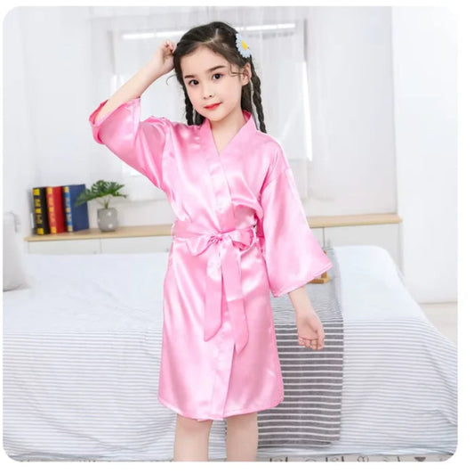 Peignoir de bain de qualite fille-polyester-popeline-manche-longue-leger-mi-genou-absorbant-doux-confortable-col-V-motif-uni-ete-rose