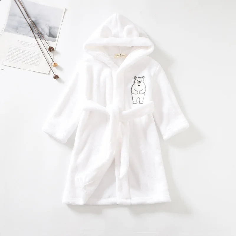 Peignoir de bain de qualité pour enfants-polyester-flanelle-absorbant-moelleux-confortable-manche-longue-mi-genou-printemps-automne-hiver-blanc