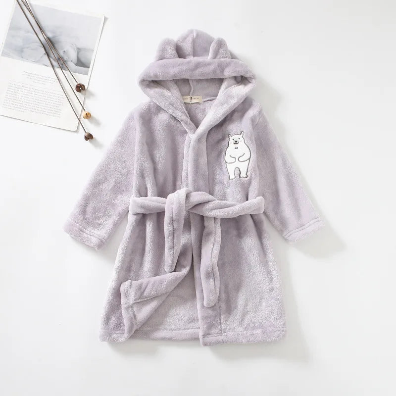 Peignoir de bain de qualite pour enfants-polyester-flanelle-absorbant-moelleux-confortable-manche-longue-mi-genou-printemps-automne-hiver-gris