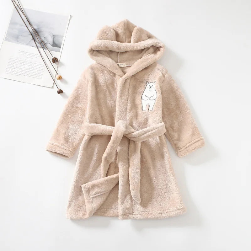 Peignoir de bain de qualite pour enfants-polyester-flanelle-absorbant-moelleux-confortable-manche-longue-mi-genou-printemps-automne-hiver-marron