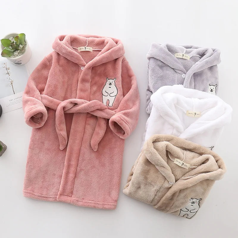 Peignoir de bain de qualite pour enfants-polyester-flanelle-absorbant-moelleux-confortable-manche-longue-mi-genou-printemps-automne-hiver-rose-gris-marron-blanc