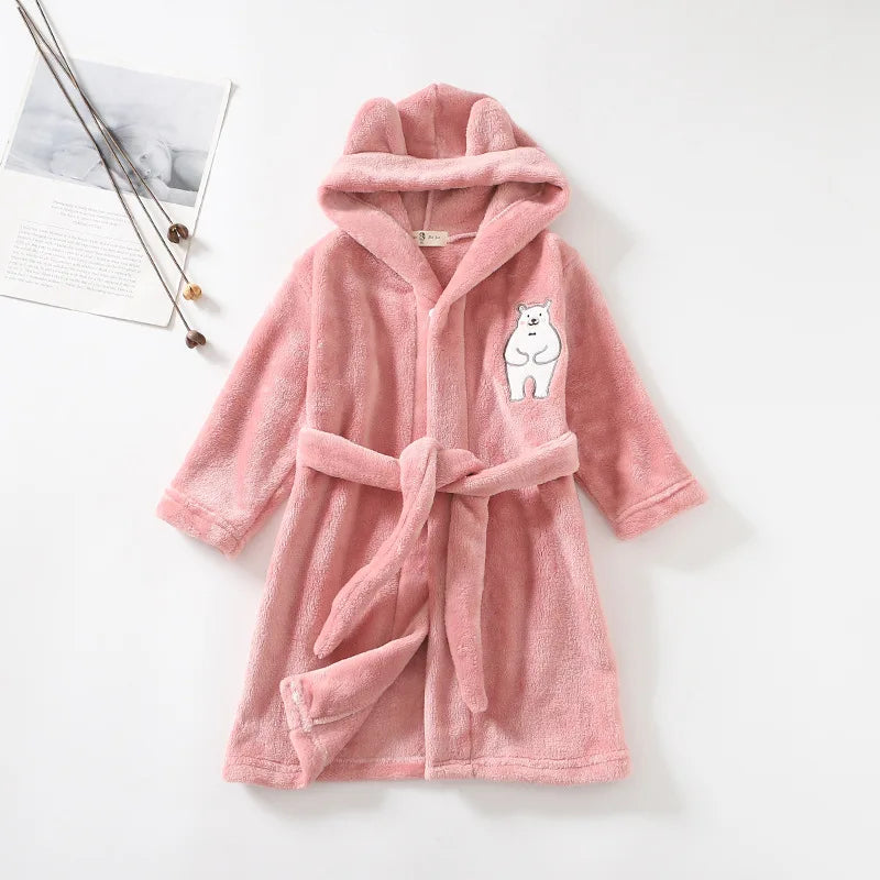 Peignoir de bain de qualité pour enfants-polyester-flanelle-absorbant-moelleux-confortable-manche-longue-mi-genou-printemps-automne-hiver-rose