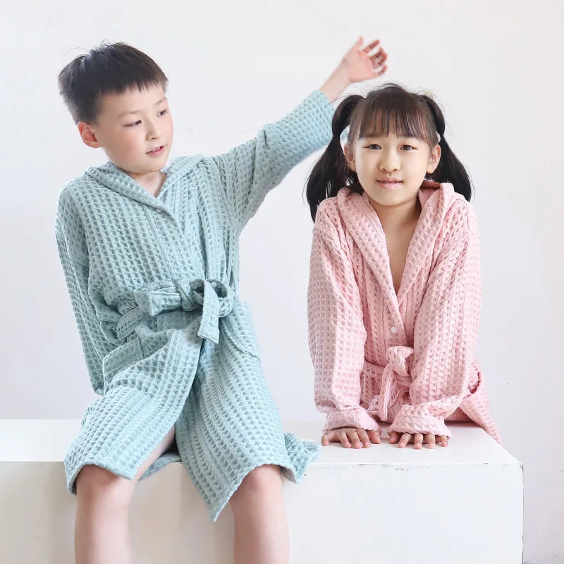 Peignoir de bain de qualité pour enfants 4 ans-coton-capuche-manche-longue-épais-mi-genou-absorbant-moelleux-confortable-motif-uni-printemps-automne-hiver-bleu-rose