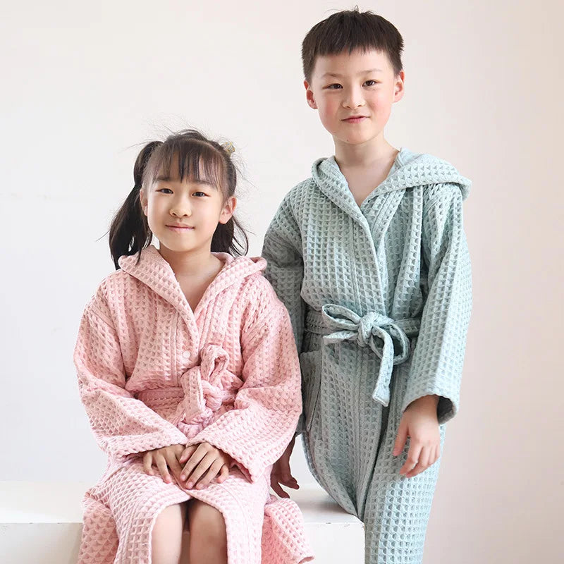 Peignoir de bain de qualité pour enfants 4 ans-coton-capuche-manche-longue-épais-mi-genou-absorbant-moelleux-confortable-motif-uni-printemps-automne-hiver-rose-bleu