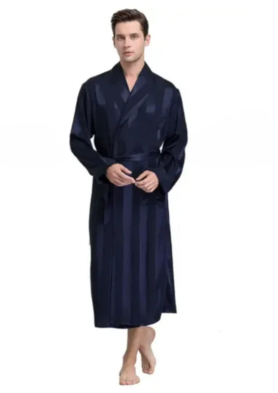 Peignoir de bain dodo homme-polyester-popeline-motif-imprime-col-châle-manche-longue-léger-mi-mollet-absorbant-rayure-moelleux-confortable-bleu-marine