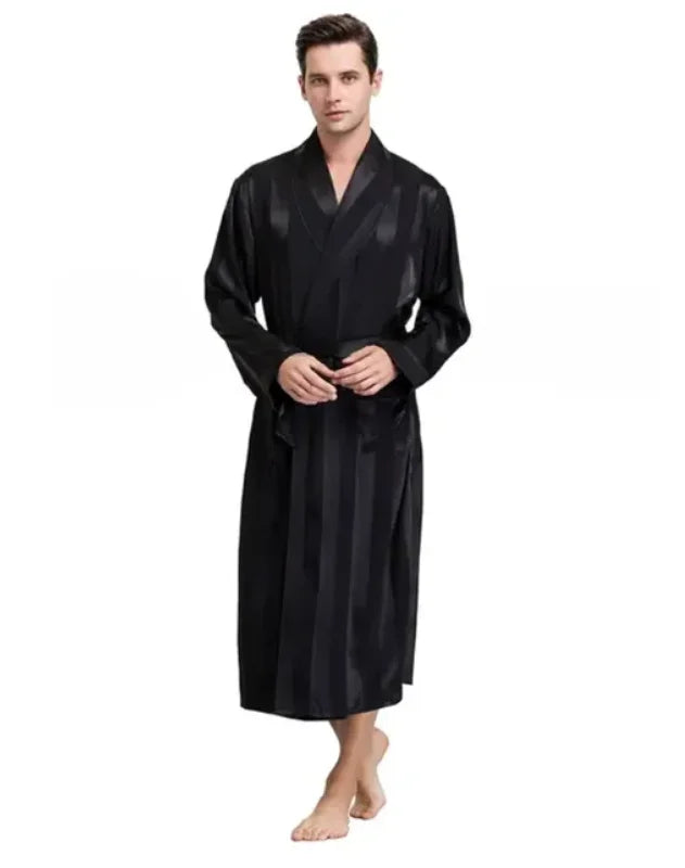 Peignoir de bain dodo homme-polyester-popeline-motif-imprime-col-châle-manche-longue-léger-mi-mollet-absorbant-rayure-moelleux-confortable-noir