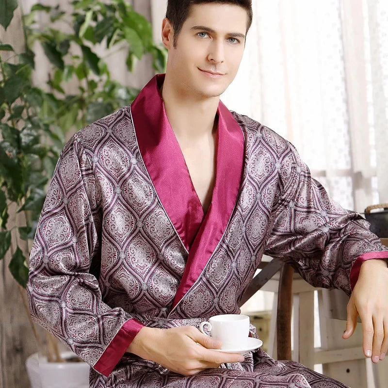 Peignoir de bain dodo homme-polyester-popeline-motif-imprime-géométrique-col-châle-manche-longue-léger-mi-mollet-absorbant-rayure-moelleux-confortable-bordeaux-