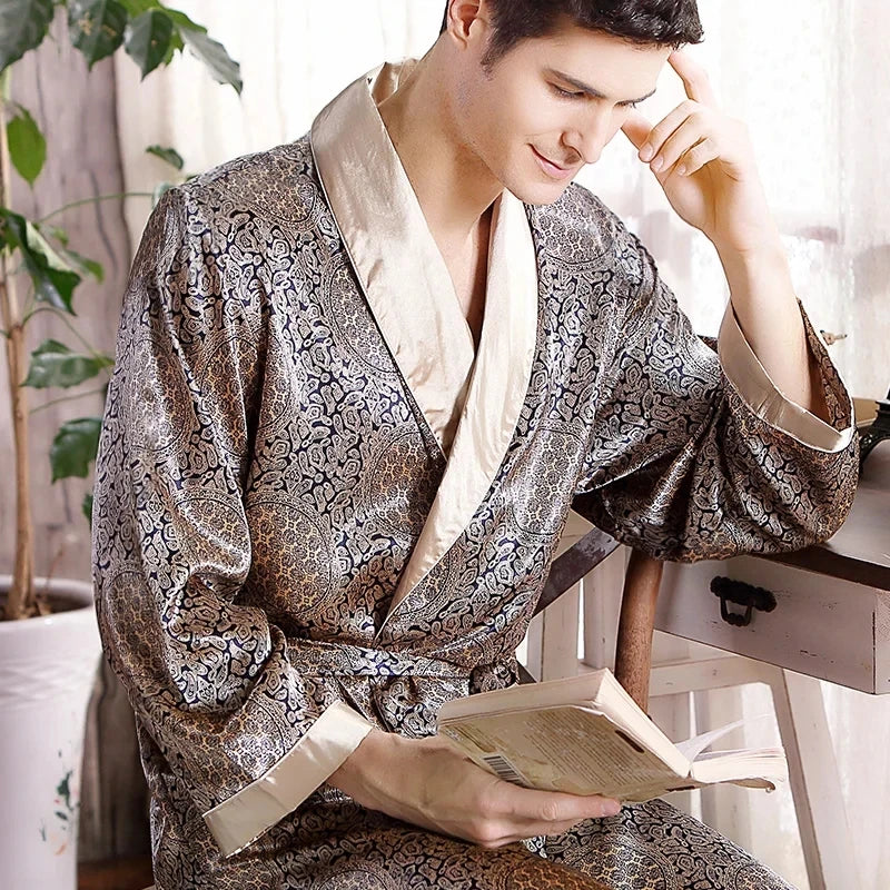 Peignoir de bain dodo homme-polyester-popeline-motif-imprime-geometrique-col-chale-manche-longue-leger-mi-mollet-absorbant-rayure-moelleux-confortable-printemps-automne-ete-beige-noir-or