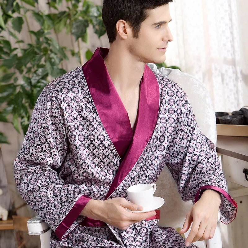 Peignoir de bain dodo homme-polyester-popeline-motif-imprime-geometrique-col-chale-manche-longue-leger-mi-mollet-absorbant-rayure-moelleux-confortable-printemps-automne-ete-bordeaux