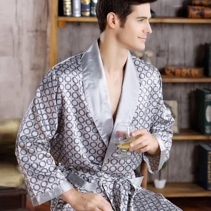 Peignoir de bain dodo homme-polyester-popeline-motif-imprime-geometrique-col-chale-manche-longue-leger-mi-mollet-absorbant-rayure-moelleux-confortable-printemps-automne-ete-gris
