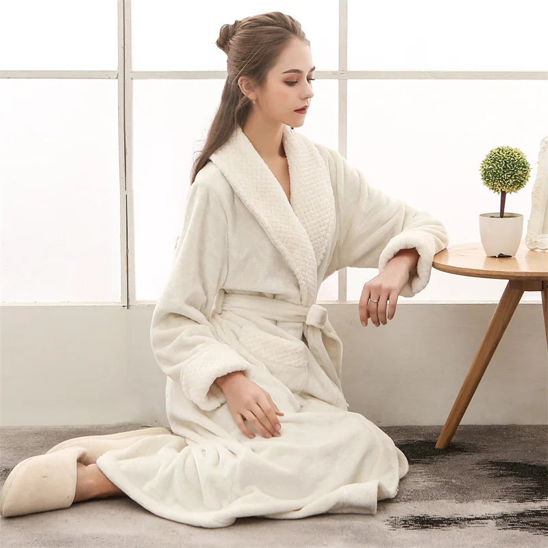 Peignoir de bain double-doublure-polyester-manche-longue-col-chale-mi-mollet-epais-moelleux-absorbant-confortable-printemps-automne-hiver-blanc