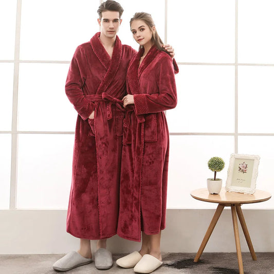 Peignoir de bain double-doublure-polyester-manche-longue-col-châle-mi-mollet-épais-moelleux-absorbant-confortable-printemps-automne-hiver-bordeaux