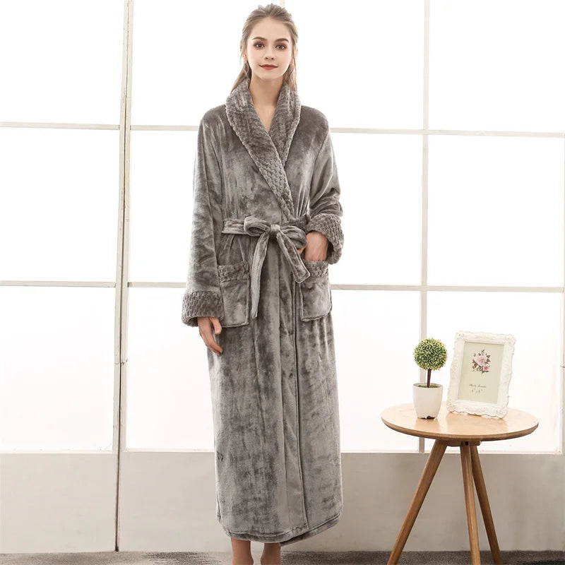Peignoir de bain double-doublure-polyester-manche-longue-col-chale-mi-mollet-epais-moelleux-absorbant-confortable-printemps-automne-hiver-gris-fonce