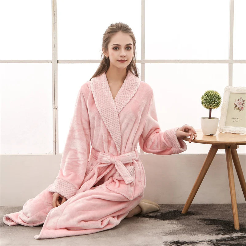 Peignoir de bain double-doublure-polyester-manche-longue-col-chale-mi-mollet-epais-moelleux-absorbant-confortable-printemps-automne-hiver-rose