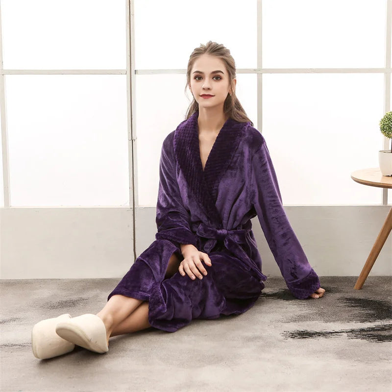 Peignoir de bain double-doublure-polyester-manche-longue-col-chale-mi-mollet-epais-moelleux-absorbant-confortable-printemps-automne-hiver-violet
