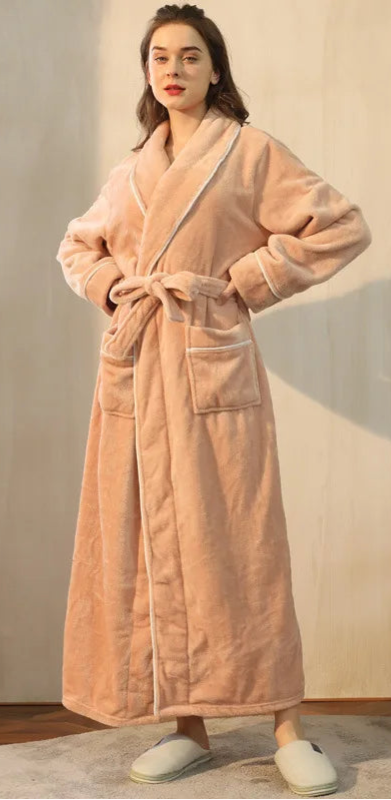 Peignoir de bain double-doublure-polyester-manche-longue-col-chale-mi-mollet-epais-moelleux-absorbant-confortable-printemps-hiver-automne-beige