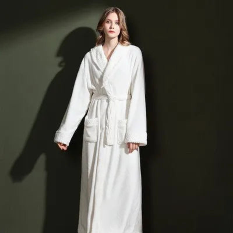 Peignoir de bain double-doublure-polyester-manche-longue-col-châle-mi-mollet-épais-moelleux-absorbant-confortable-printemps-hiver-automne-blanc