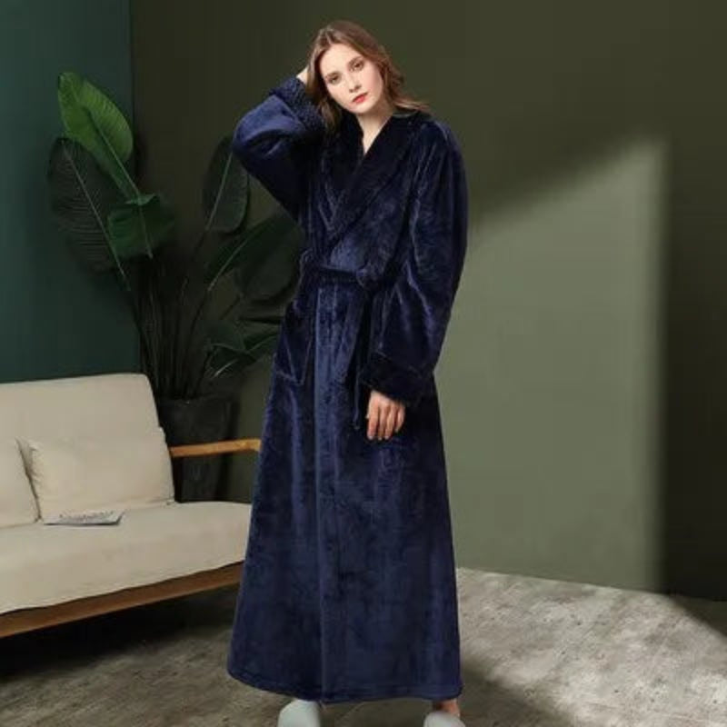Peignoir de bain double-doublure-polyester-manche-longue-col-châle-mi-mollet-épais-moelleux-absorbant-confortable-printemps-hiver-automne-bleu-marine