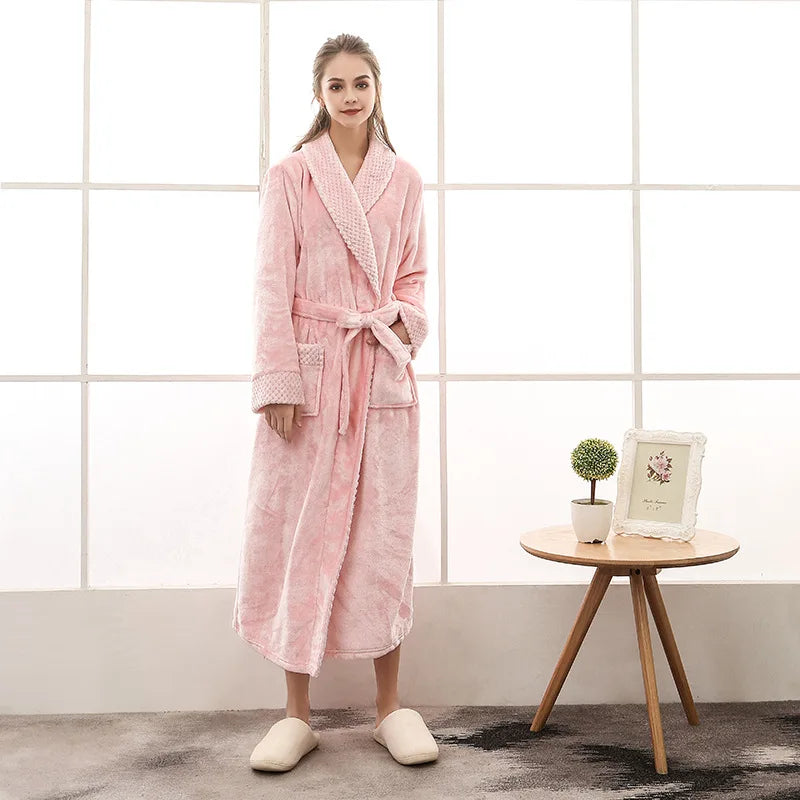 Peignoir de bain double-doublure-polyester-manche-longue-col-châle-mi-mollet-épais-moelleux-absorbant-confortable-printemps-hiver-automne-rose