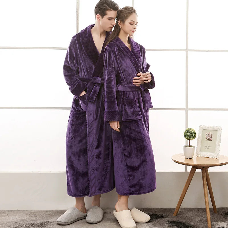Peignoir de bain double-doublure-polyester-manche-longue-col-chale-mi-mollet-epais-moelleux-absorbant-confortable-printemps-hiver-automne-violet