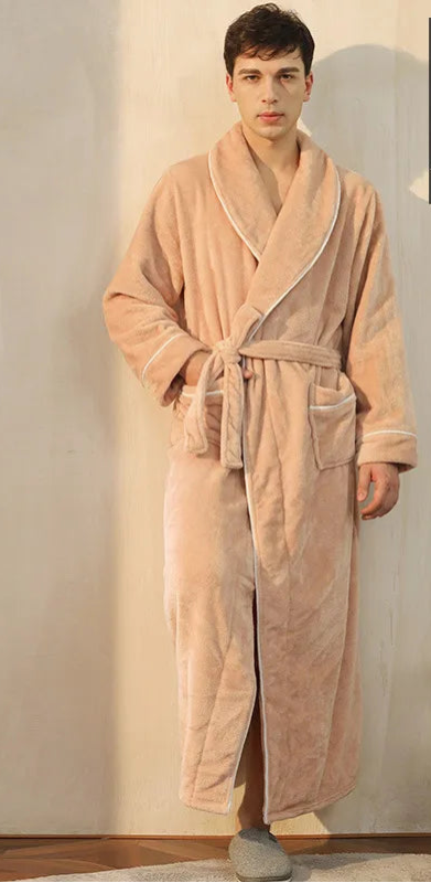 Peignoir_de_bain_double-doublure-polyester-manche-longue-col-châle-mi-mollet-épais-moelleux-absorbant-hiver-confortable-printemps-automne-beige