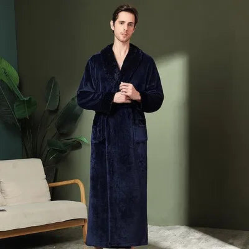 Peignoir_de_bain_double-doublure-polyester-manche-longue-col-chale-mi-mollet-epais-moelleux-absorbant-hiver-confortable-printemps-automne-bleu-marine