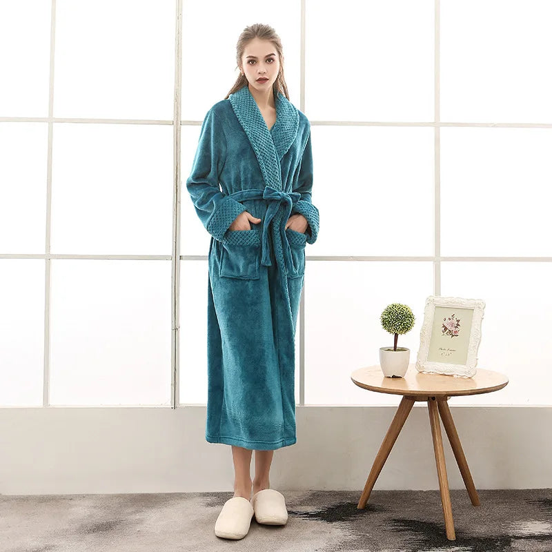 Peignoir_de_bain_double-doublure-polyester-manche-longue-col-châle-mi-mollet-épais-moelleux-absorbant-hiver-confortable-printemps-automne-bleu