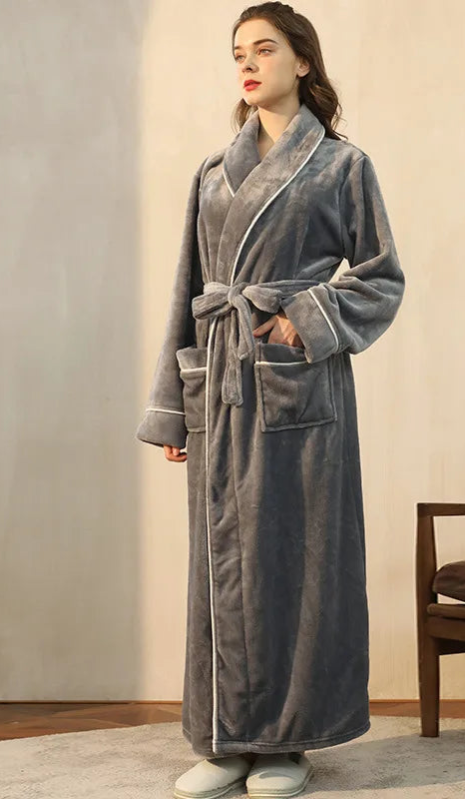 Peignoir_de_bain_double-doublure-polyester-manche-longue-col-châle-mi-mollet-épais-moelleux-absorbant-hiver-confortable-printemps-automne-gris-blanc