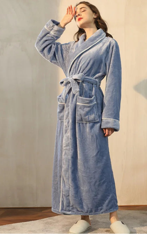 Peignoir de bain double-doublure-polyester-manche-longue-col-chale-mi-mollet-epais-moelleux-absorbant-hiver-confortable-printemps-automne-gris