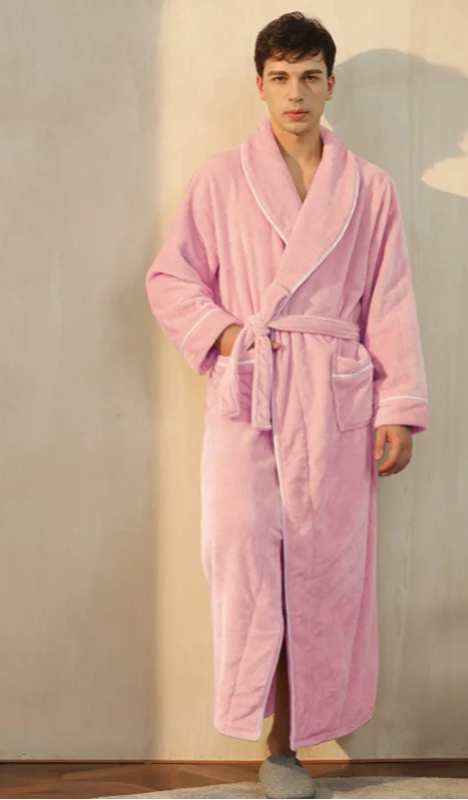 Peignoir de bain double-doublure-polyester-manche-longue-col-châle-mi-mollet-épais-moelleux-absorbant-hiver-confortable-printemps-automne-rose-blanc