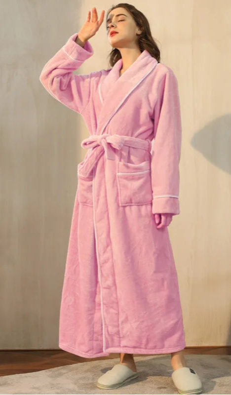 Peignoir_de_bain_double-doublure-polyester-manche-longue-col-châle-mi-mollet-épais-moelleux-absorbant-hiver-confortable-printemps-automne-rose