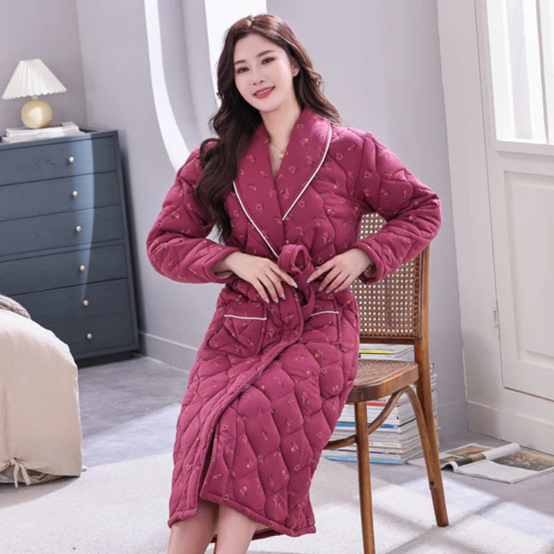 Peignoir de bain double coton femme-coton-double-col-châle-manche-longue-doux-longueur-cheville-absorbant-moelleux-motif-floral-géométrique-printemps-automne-hiver-bordeaux