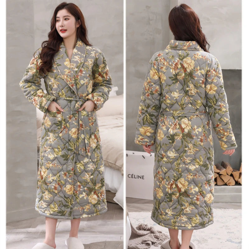 Peignoir de bain double coton femme-coton-double-col-châle-manche-longue-doux-longueur-cheville-absorbant-moelleux-motif-floral-géométrique-printemps-automne-hiver-gris-jaune-vert