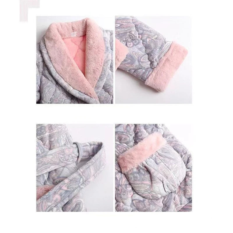 Peignoir de bain double coton femme-coton-double-col-chale-manche-longue-doux-longueur-cheville-absorbant-moelleux-motif-floral-geometrique-printemps-automne-hiver-gris-rose