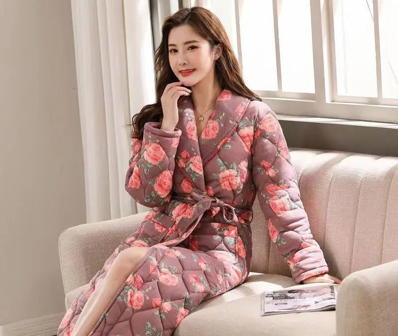 Peignoir_de_bain_double_coton_femme-coton-double-col-chale-manche-longue-doux-longueur-cheville-absorbant-moelleux-motif-floral-geometrique-printemps-automne-hiver-marron-rose