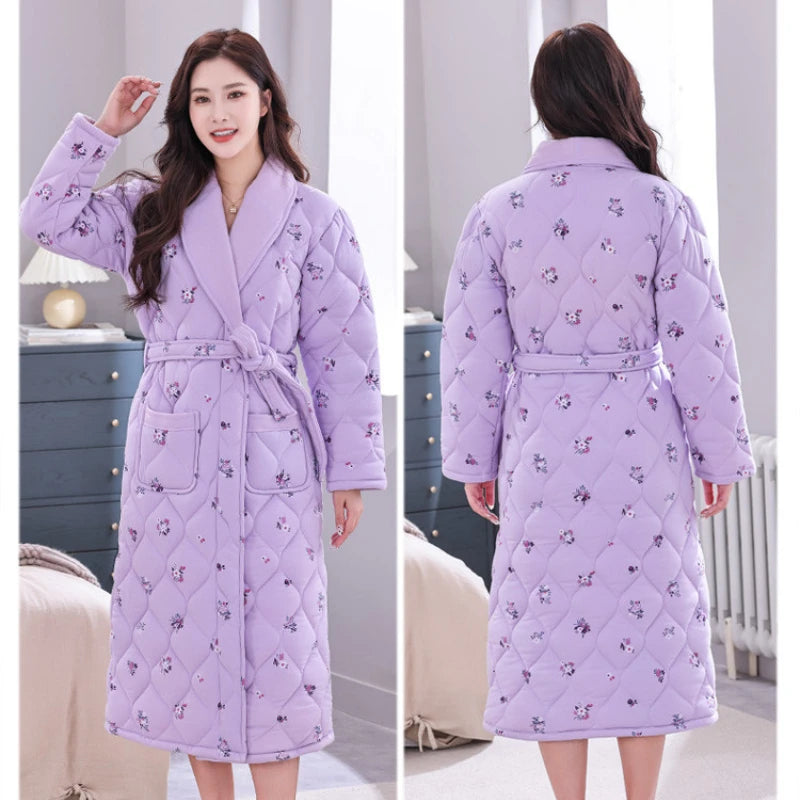 Peignoir de bain double coton femme-coton-double-col-châle-manche-longue-doux-longueur-cheville-absorbant-moelleux-motif-floral-géométrique-printemps-automne-hiver-violet