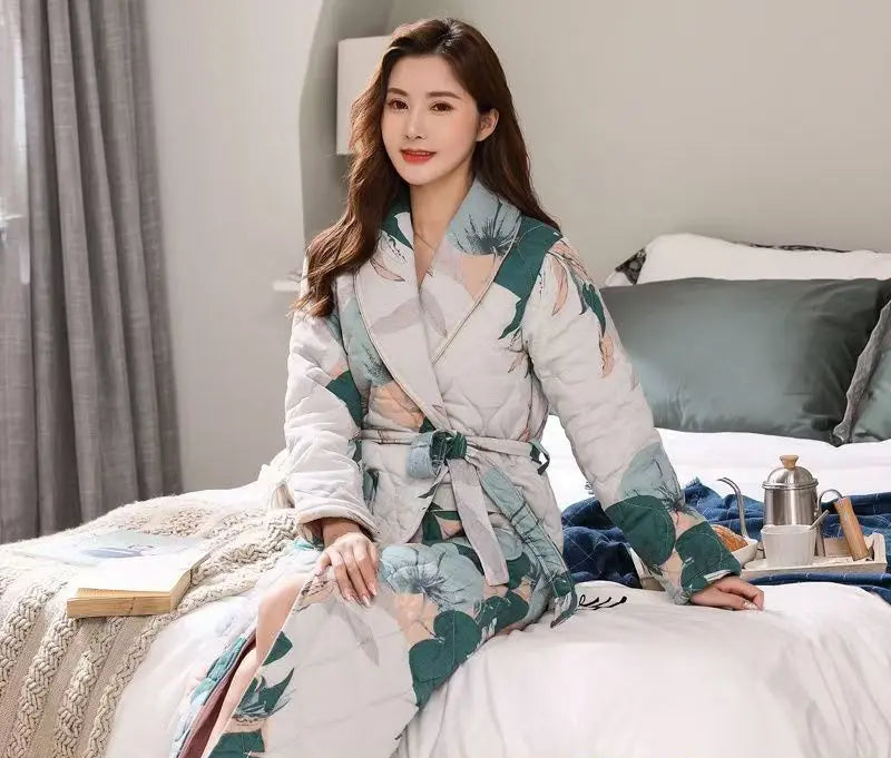 Peignoir_de_bain_double_coton_femme-coton-double-col-chale-manche-longue-doux-longueur-cheville-absorbant-moelleux-motif-floral-geometrique-printemps-hiver-automne-gris-vert-orange