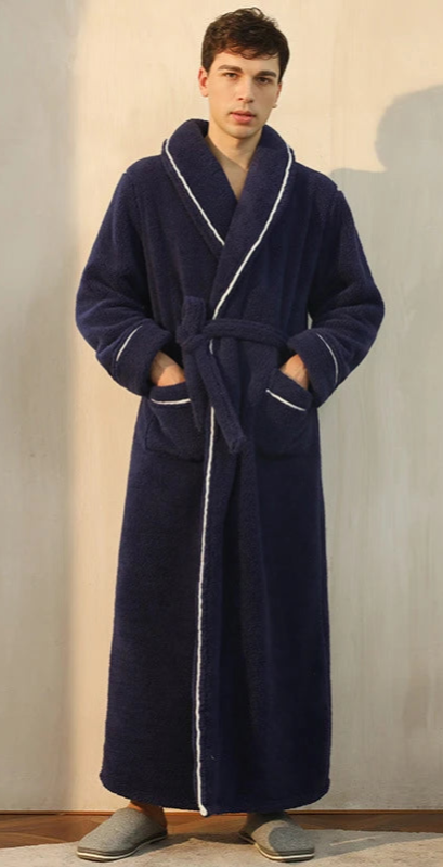 Peignoir de bain en éponge-polyester-fleece-manche-longue-épais-longueur-cheville-col-châle-moelleux-confortable-absorbant-hiver-printemps-automne-bleu-marine