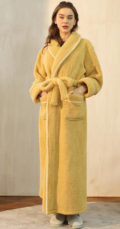 Peignoir de bain en éponge-polyester-fleece-manche-longue-épais-longueur-cheville-col-châle-moelleux-confortable-absorbant-motif-uni-hiver-printemps-automne-jaune