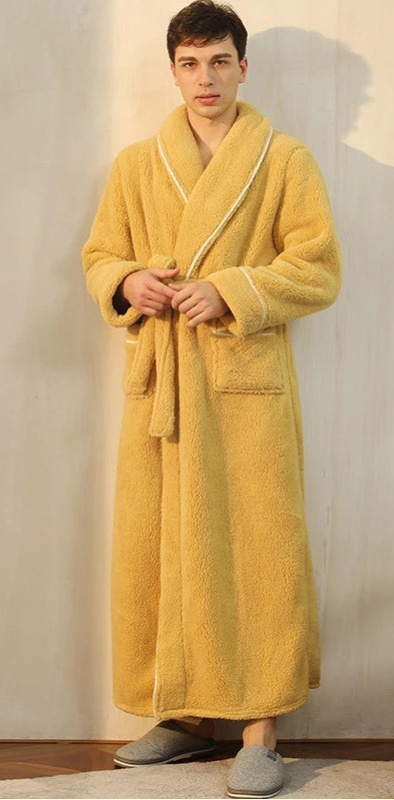 Peignoir de bain en eponge-polyester-fleece-manche-longue-epais-longueur-cheville-col-chale-moelleux-confortable-hiver-absorbant-motif-uni-printemps-automne-jaune