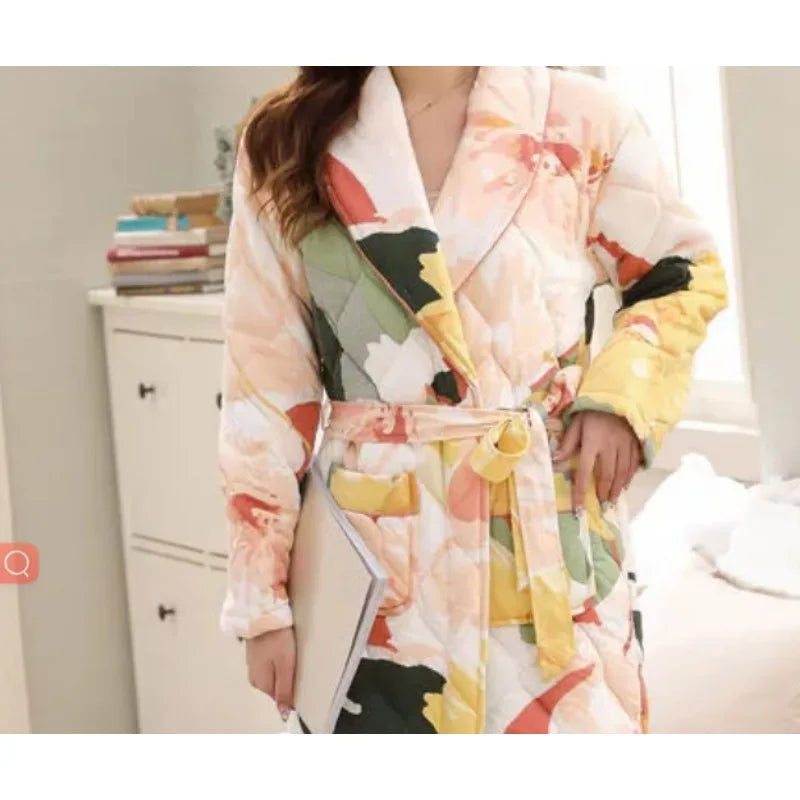 Peignoir_de_bain_en_éponge_adulte-polyester-col-châle-moelleux-confortable-doux-manche-longue-mi-mollet-épais-motif-floral-printemps-automne-hiver-jaune-vert-orange