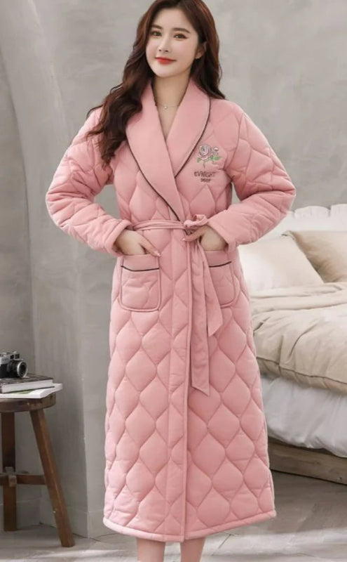 Peignoir_de_bain_en_éponge_adulte-polyester-col-châle-moelleux-confortable-doux-manche-longue-mi-mollet-épais-motif-floral-printemps-hiver-automne-rose